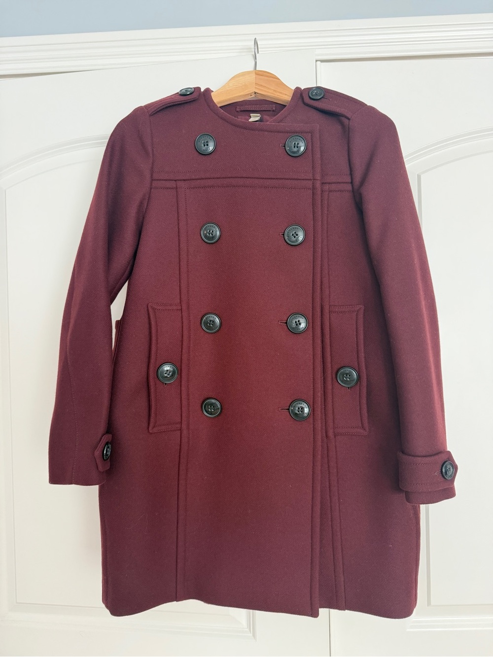 Burberry Burgundy Wool Cashmere Double Breasted Military Coat Size US4
